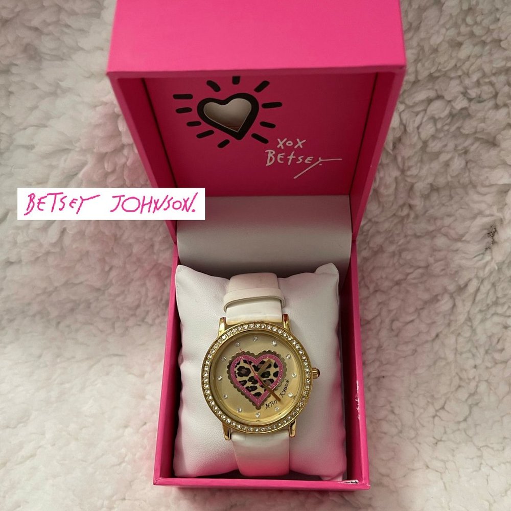 Betsey Johnson Goldtone Leopard Heart White Watch
